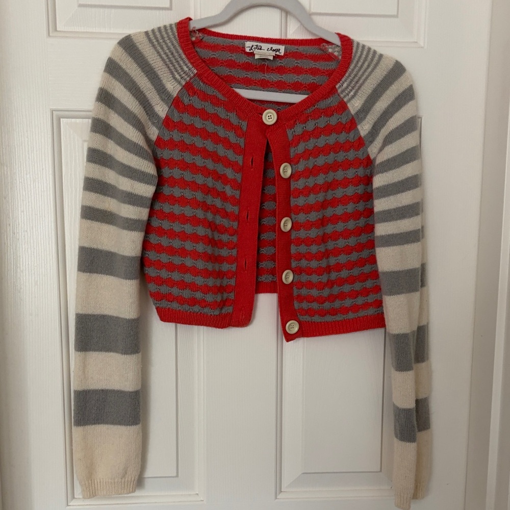 Anthropologie Red and Gray Striped Cardigan